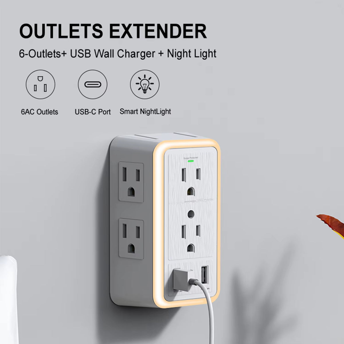 6-Outlet USB Wall Charger Extender – Surge Protected with USB-C, 3 USB Ports & Built-In Night Light